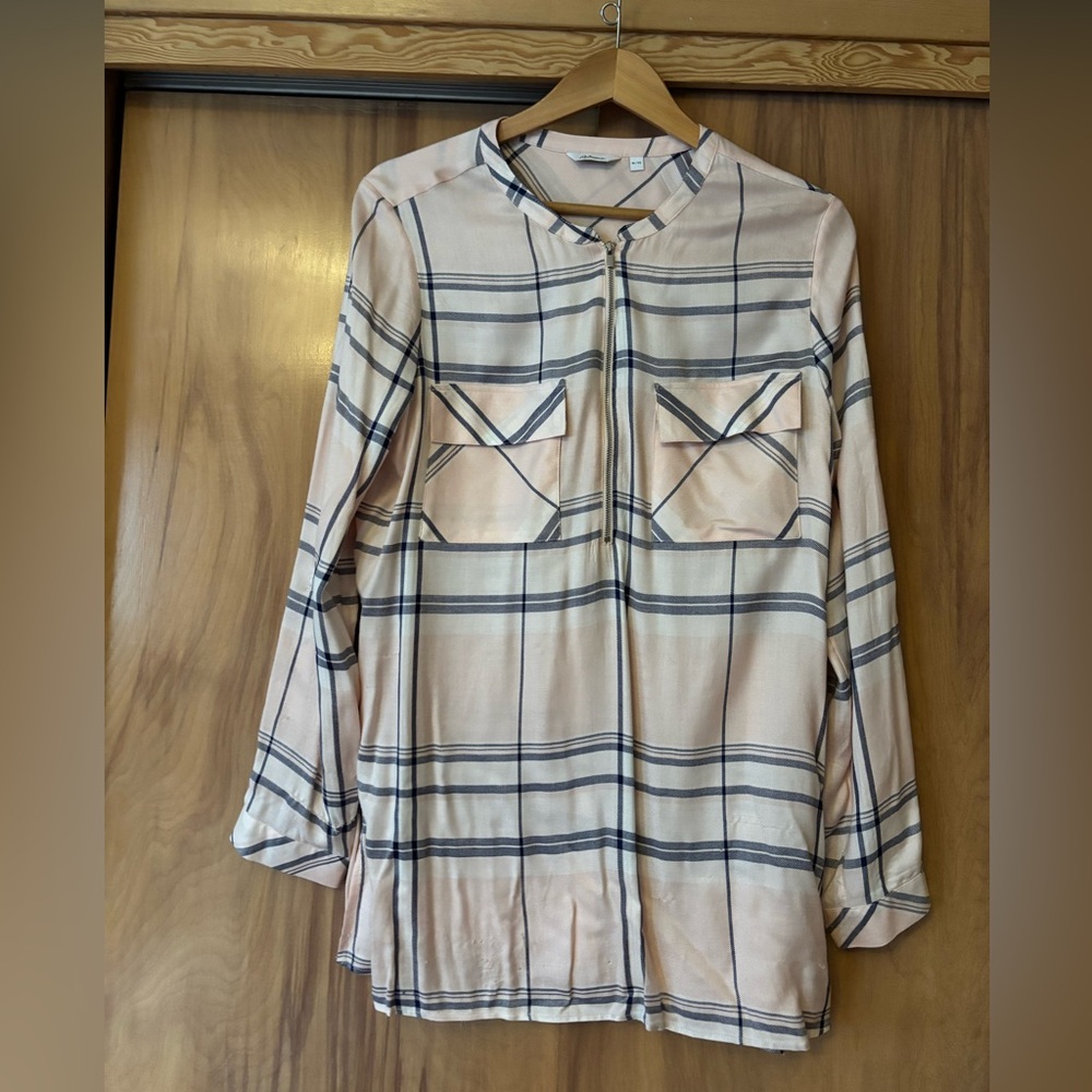 Plaid Long Sleeve Blouse, Reitmans Pink Zip-Up Plaid Long Sleeve Shirt, pink